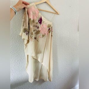 Free People Cream Pink Floral Embroidered One Shoulder High Low Mini / Tunic